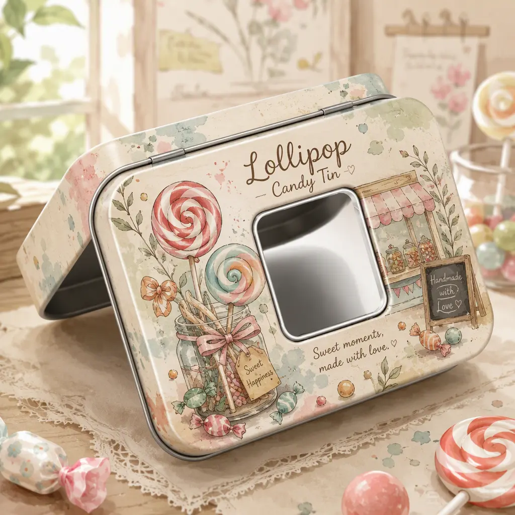 Custom Square Candy Tin Box with Retro Pattern custom tin packaging design