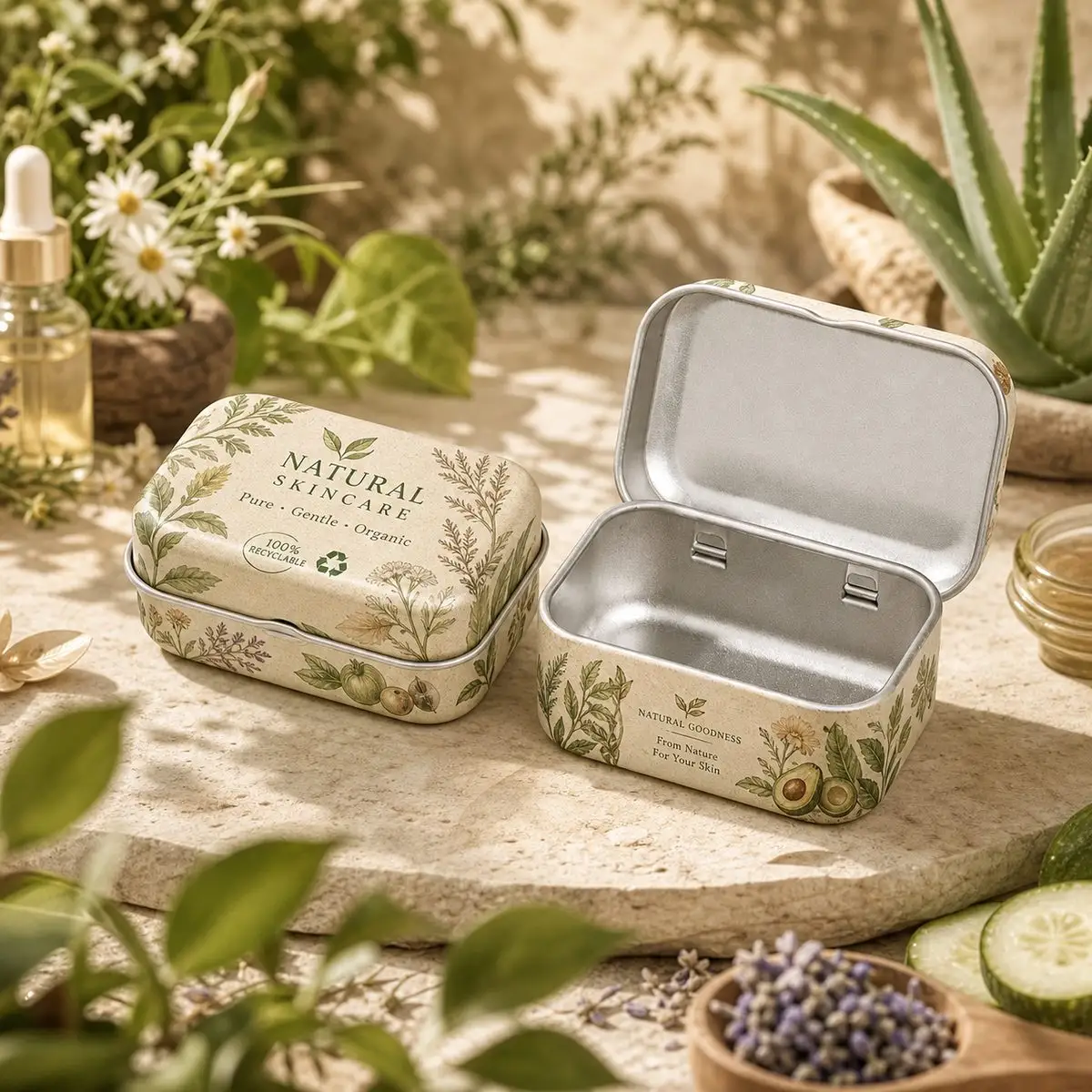 Small skincare storage tin box with printed interior lining and foam insert