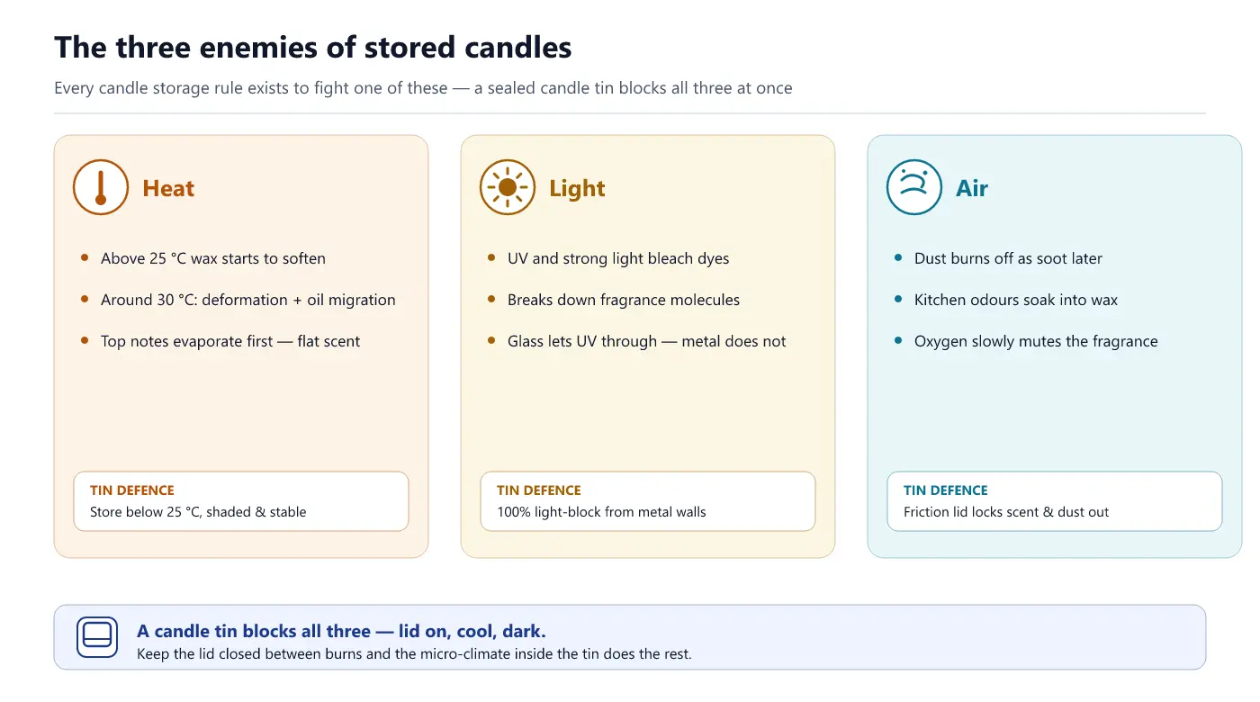 Diagram of the three enemies of stored candles — heat, light and air — and how a sealed candle tin blocks all of them